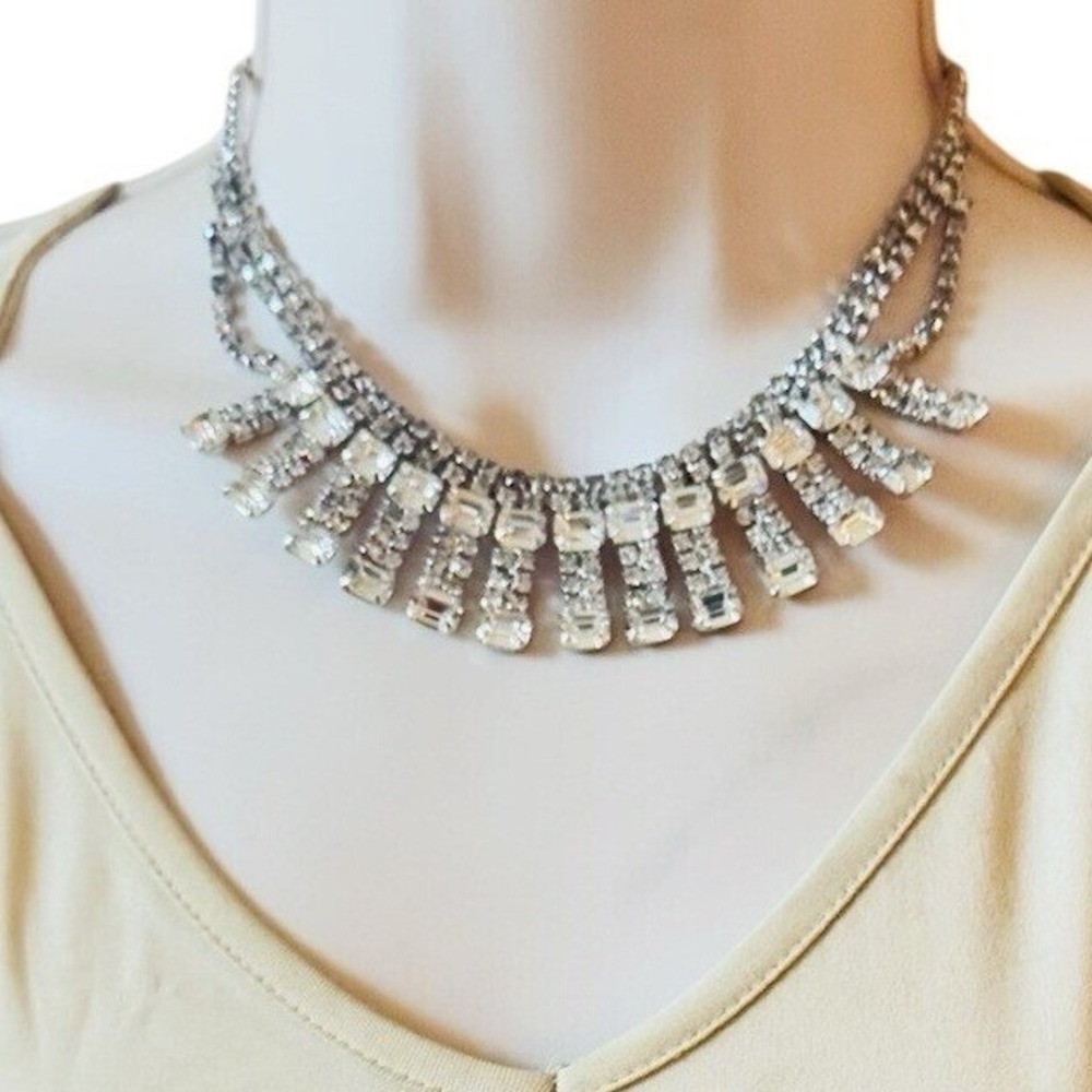 VTG Crystal Rhinestone Necklace choker Silver Clear Elegant Baguettes Bib‎ 14.5"